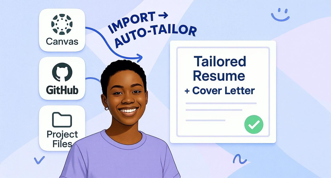 Connect and tailor your work - Import from Canvas, GitHub, and Project Files to create tailored resumes and cover letters